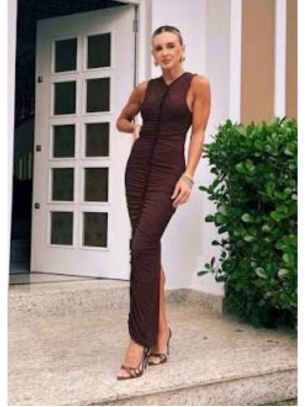 Zara Brown Sleeveless Ruched Maxi Dress